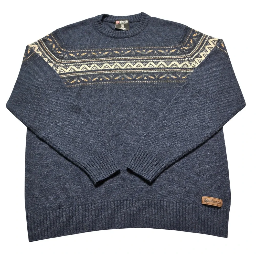 Sweater Sherpa Large Mens Blue‎ Excellent Merino Alpaca Fair Isle Crewneck